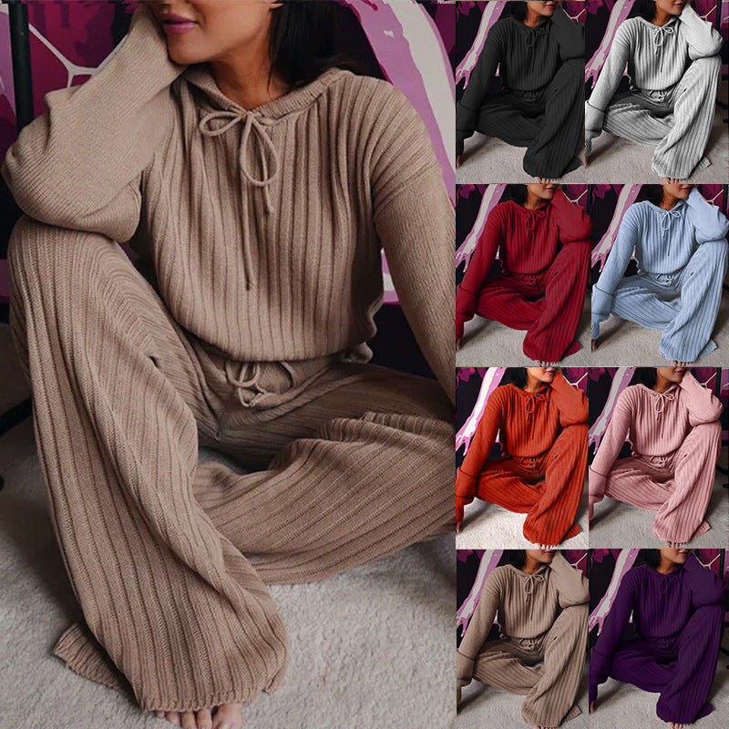 Womens 2 Piece Outfit Ribbed  Loose Hooded Long Sleeve Top and Wide Leg Pant Set