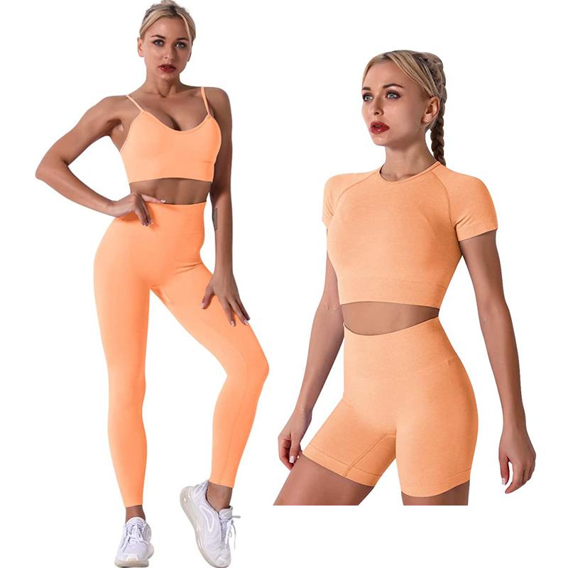 Yoga Suit Women's Seamless Solid Color 4 Piece Long Sleeve Crop Top Tracksuit for Fitness Women's Activewear