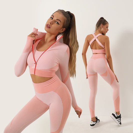 Workout Sets Women 3 Piece Legging Zip Crop Top Seamless Yoga Outfits Clothes Tracksuit